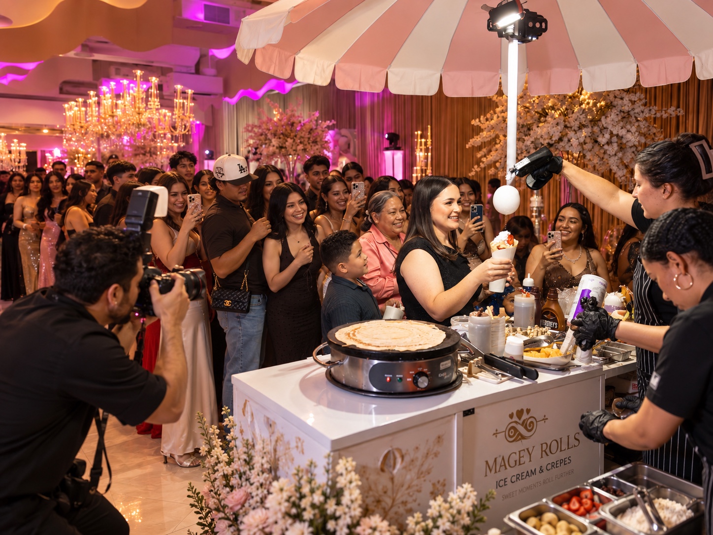 A busy Magey Rolls station serving a large group of guests